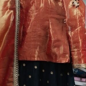 Elegant Burnt Orange and Dark Forest Green raw silk Pakistani/Indian lehenga